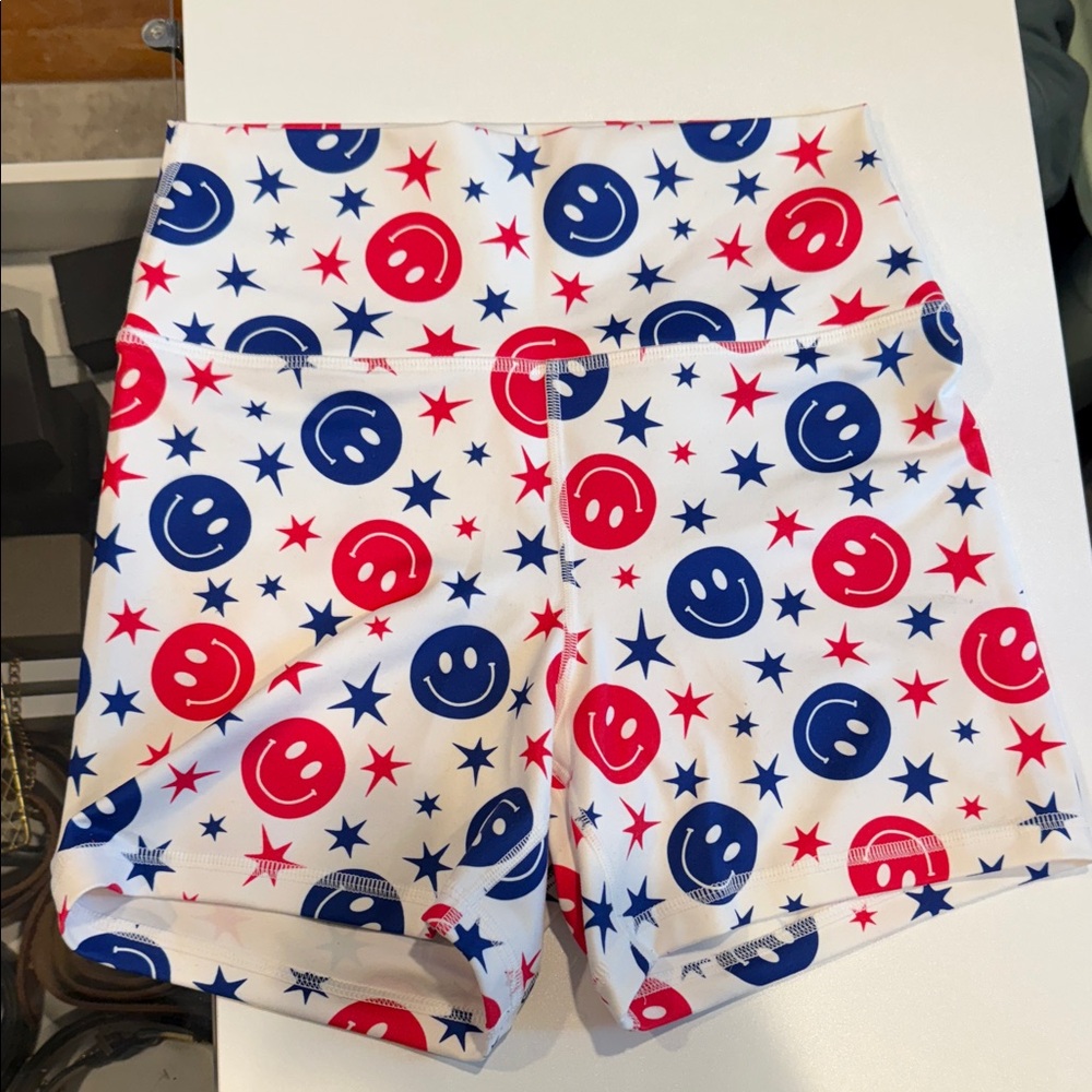 Fleo Women's Athletic Shorts - Red, Blue, White Smiley Star Print